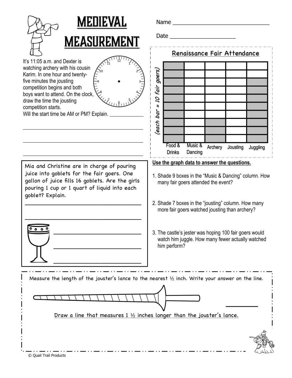 Medieval Measurement worksheet on elapsed time, liquid capacity, fair attendance data, and measuring a lance