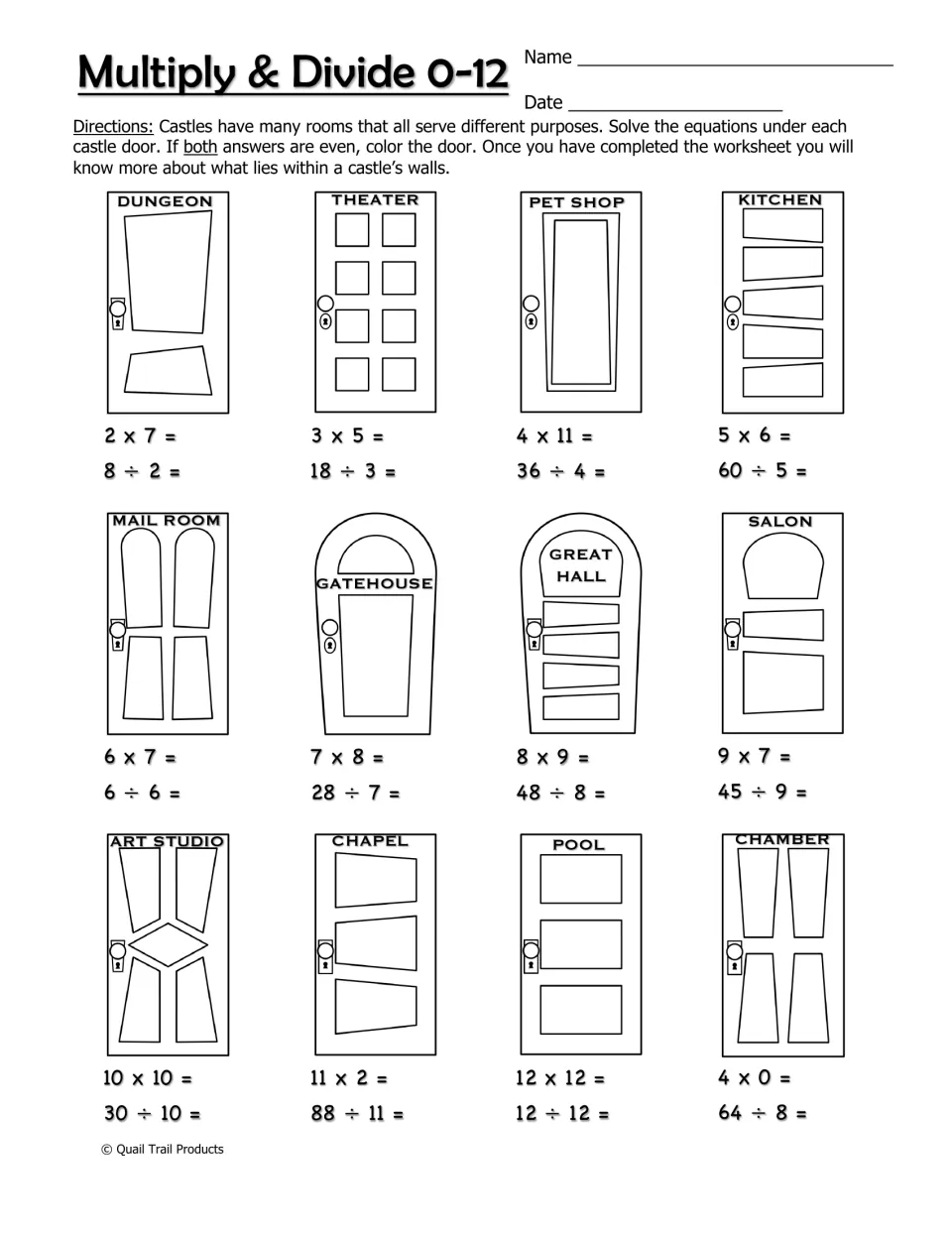 Multiplication and division worksheet for facts 0–12, asking students to color castle doors when both answers are even