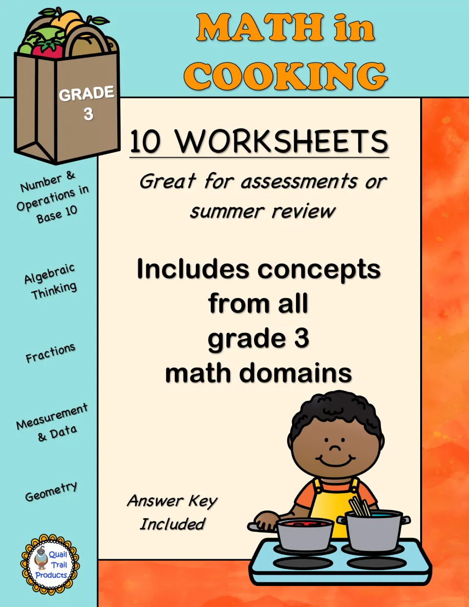 Cover for Math in Cooking: 10 grade 3 worksheets covering all math domains, with an answer key included