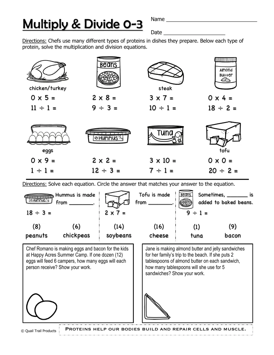 Multiply & Divide 0–3 worksheet uses protein foods for equations, ingredient choices, and word problems