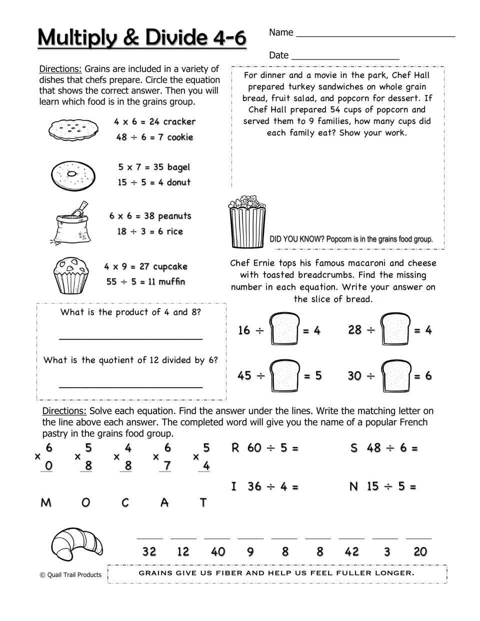 Multiply & Divide 4–6 worksheet connects grain foods to fact checks, missing divisors, and a pastry code