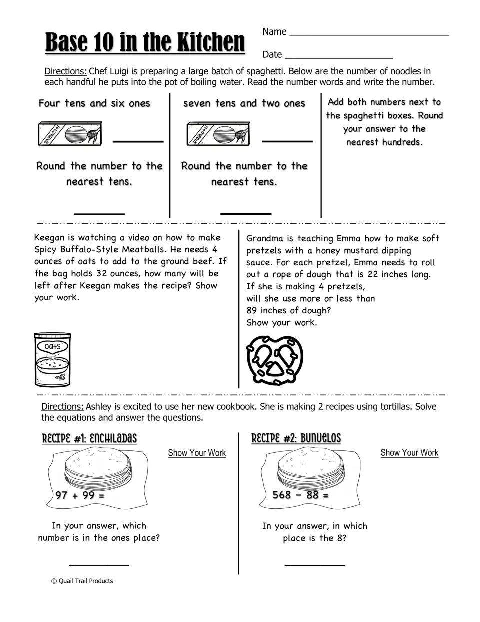 Base 10 in the Kitchen worksheet practices place value, rounding, addition, and subtraction with recipes