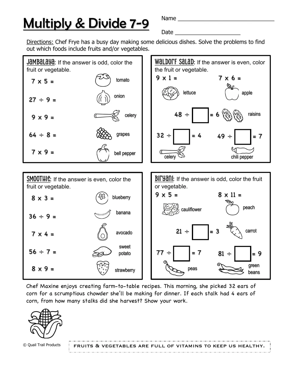 Multiply & Divide 7–9 worksheet uses odd and even answers to select fruits and vegetables for coloring