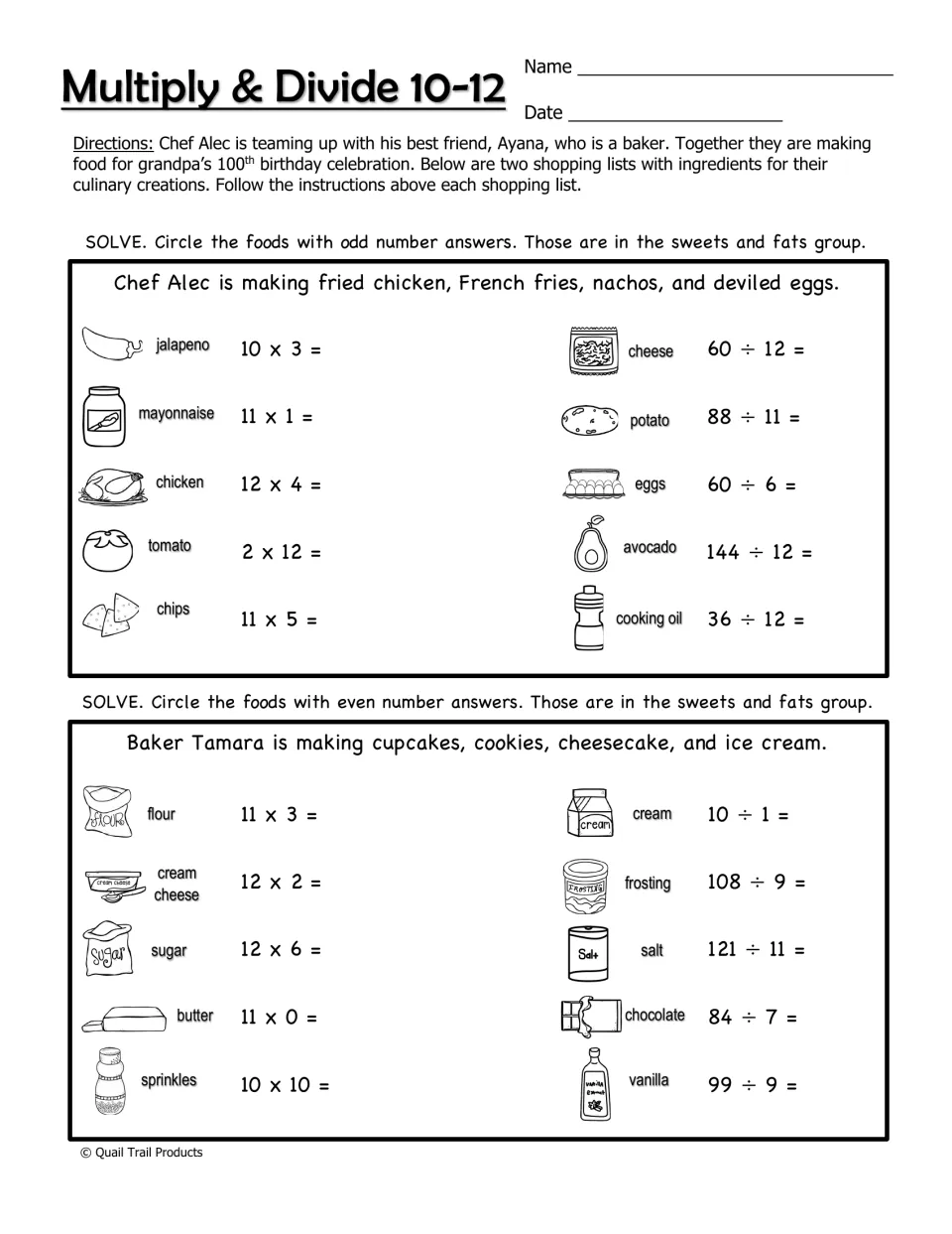 Multiply & Divide 10–12 worksheet uses shopping list equations and odd or even answers to identify foods
