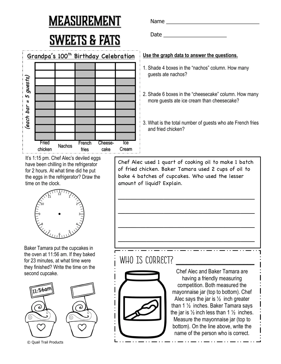 Measurement Sweets & Fats worksheet covers a party food graph, elapsed time, liquid amounts, and jar height