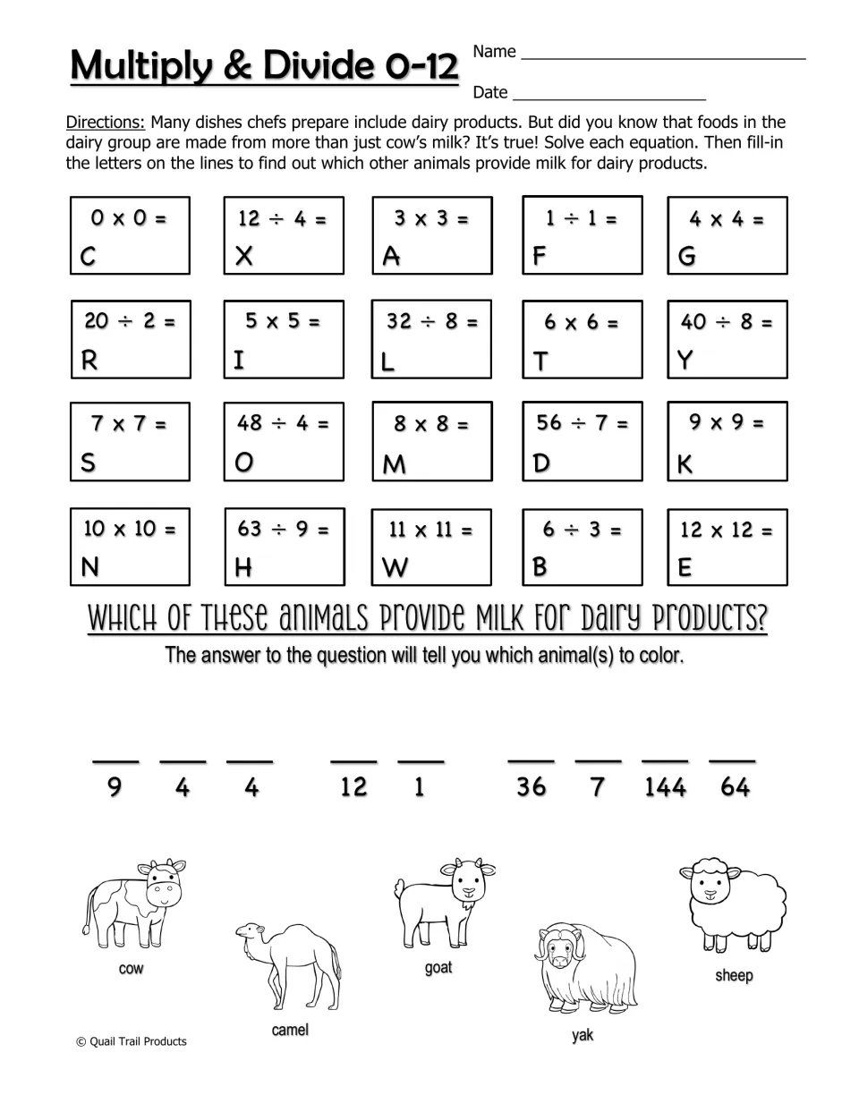 Multiply & Divide 0–12 worksheet uses a letter code to identify milk animals: cow, camel, goat, yak, and sheep