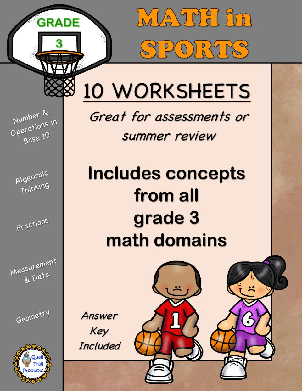 Cover of a grade 3 sports math set advertising 10 worksheets across all math domains and an included answer key