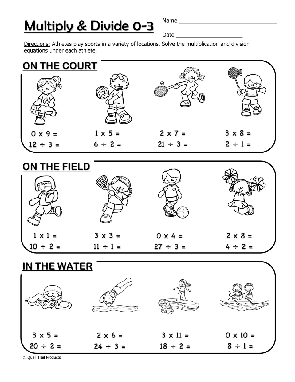 Multiplication and division 0–3 worksheet groups 24 equations by sports played on courts, fields, and in water