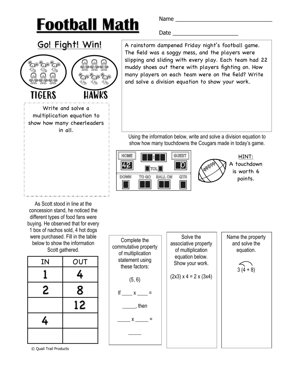Football math worksheet covers word problems, an input-output table, and three multiplication properties
