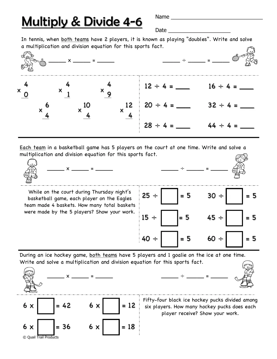 Multiplication and division 4–6 worksheet uses tennis, basketball, and hockey facts to practice equations