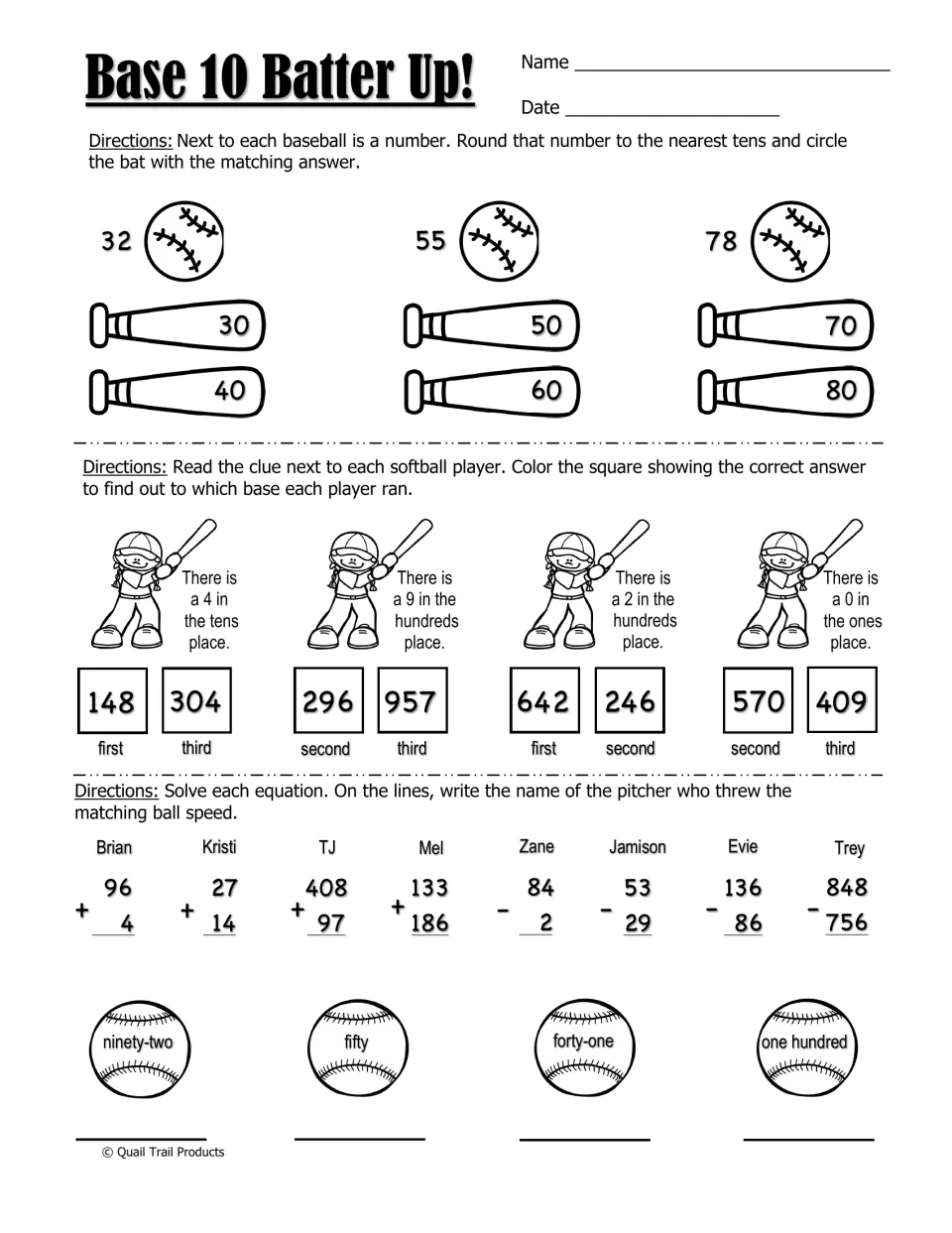 Baseball math worksheet practices rounding to tens, identifying place values, and addition and subtraction
