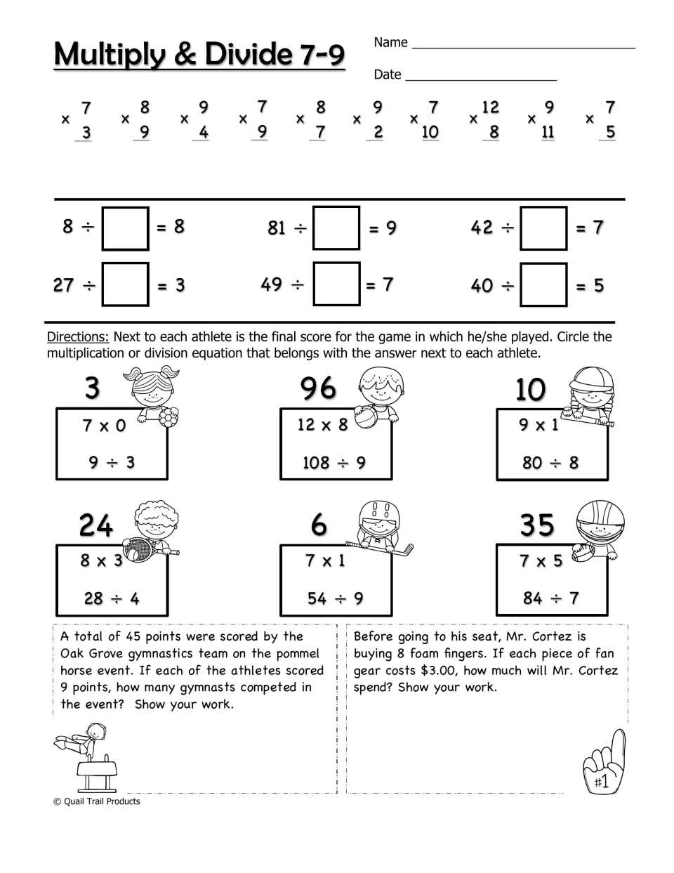 Multiplication and division 7–9 worksheet includes missing divisors, score matching, and sports word problems