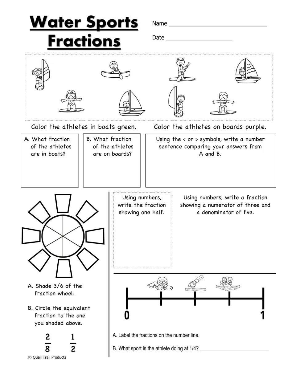 Water sports fractions worksheet compares boats and boards, models equivalent fractions, and labels fourths
