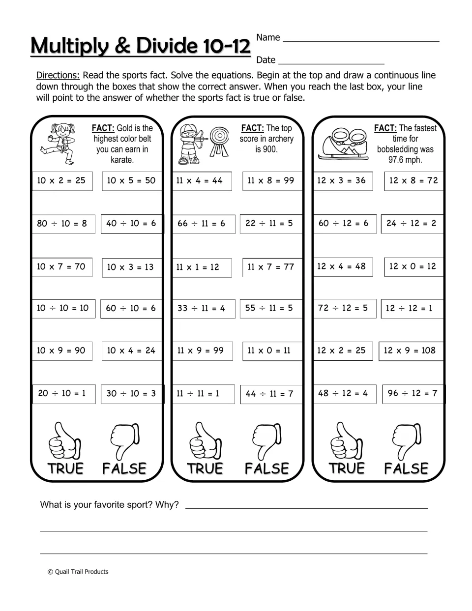 Multiplication and division 10–12 worksheet uses correct-equation paths to reveal true or false sports facts
