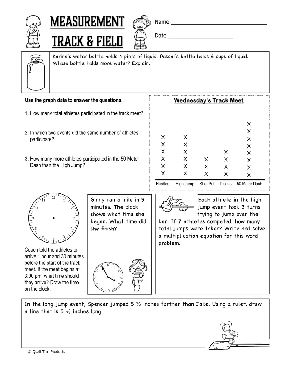 Track and field measurement worksheet covers cups and pints, graph data, elapsed time, and a 5½-inch line
