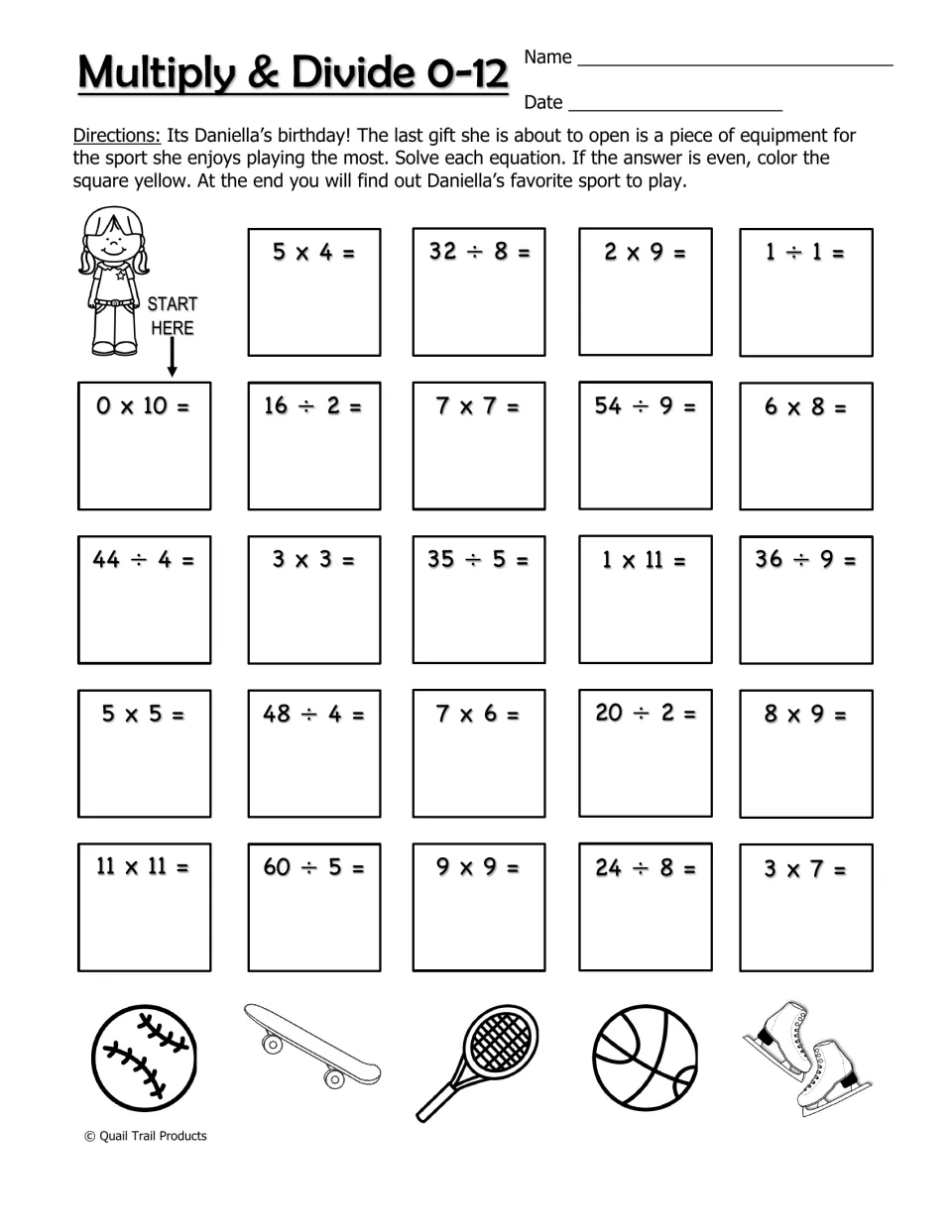 Multiplication and division 0–12 worksheet asks students to color even answers to find Daniella’s favorite sport