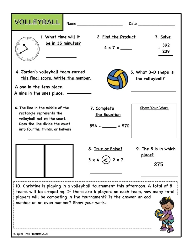 Grade 3 Math Worksheets - Sports Theme – cover