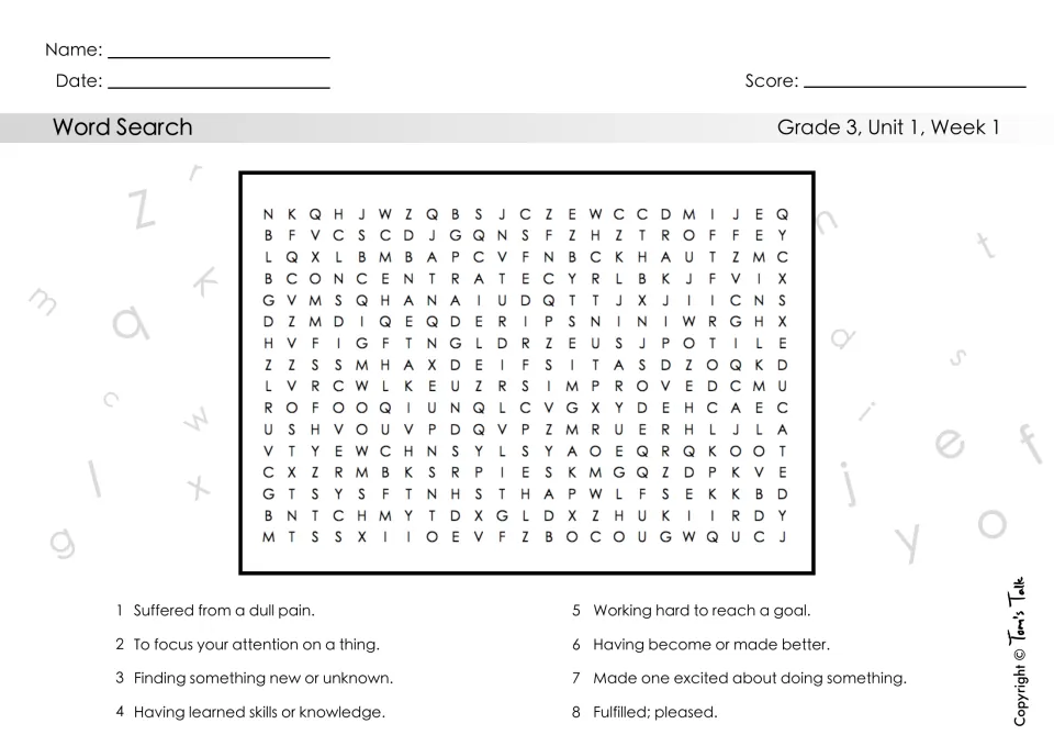 Word search for Unit 1, Week 1: students read eight definitions as clues and find the matching vocabulary words