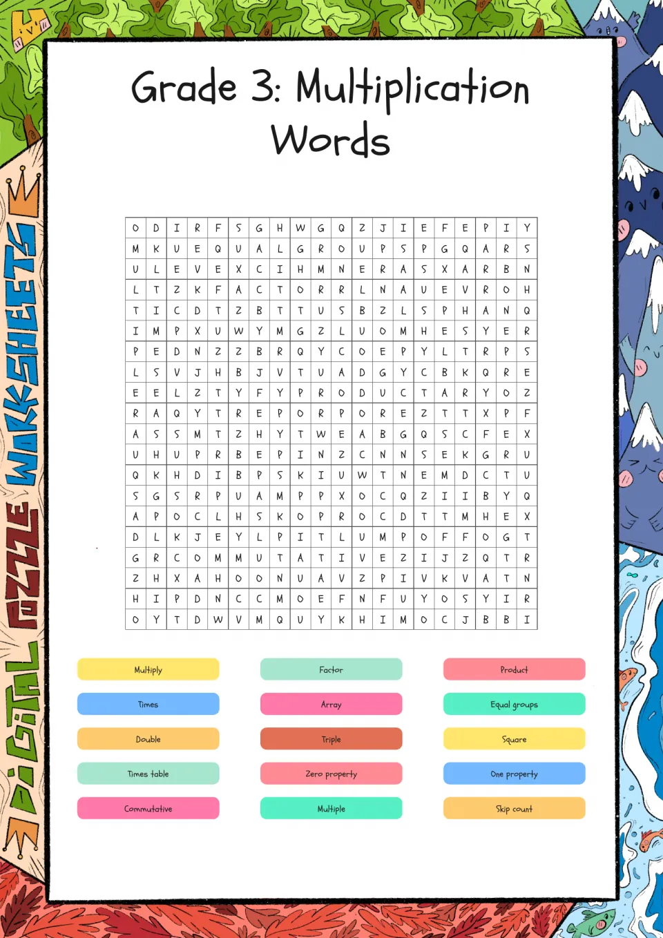 Multiplication vocabulary word search: students find 15 terms such as factor, product, array and skip count