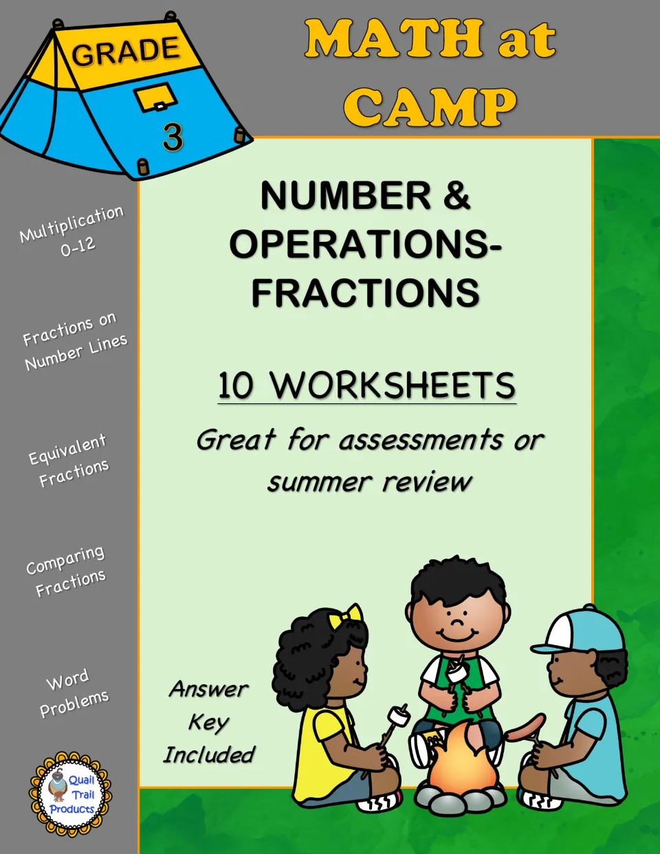 Cover of the grade 3 camping math packet listing 10 worksheets, multiplication 0–12, and fraction topics