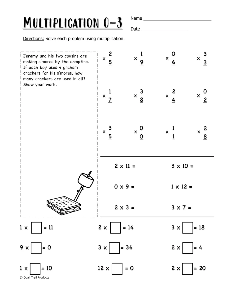 Multiplication 0–3 worksheet with facts, missing factors, and a word problem about crackers for s’mores
