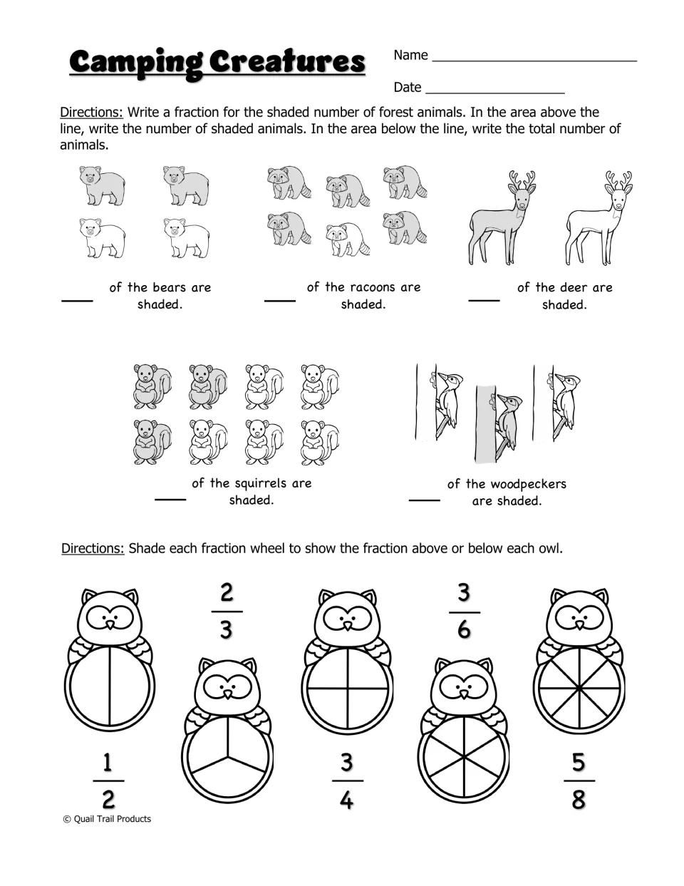 Camping Creatures fraction worksheet asking students to count shaded forest animals and shade owl fraction wheels
