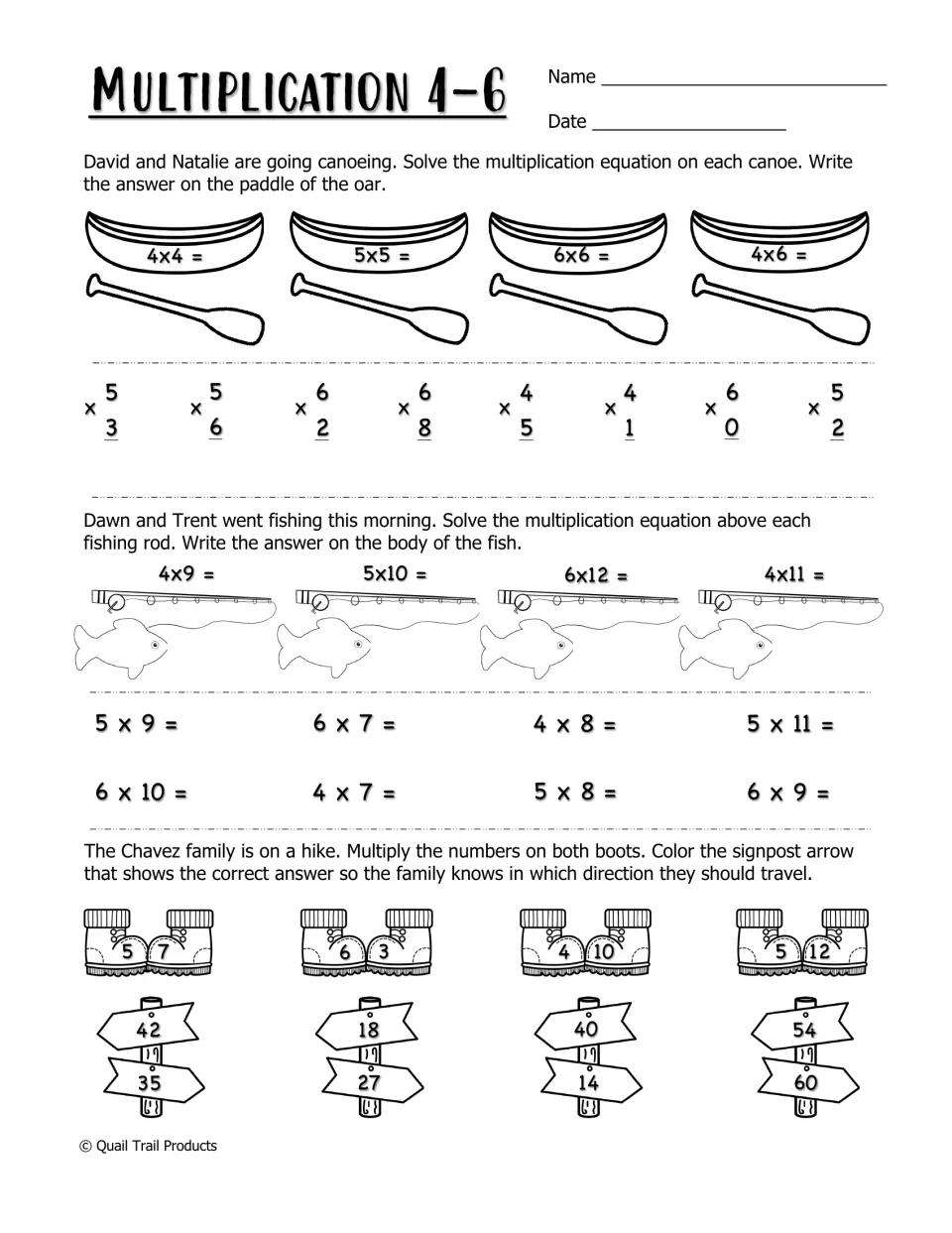 Multiplication 4–6 worksheet using canoe, fishing, and hiking problems to practice facts such as 4 × 4 and 6 × 12