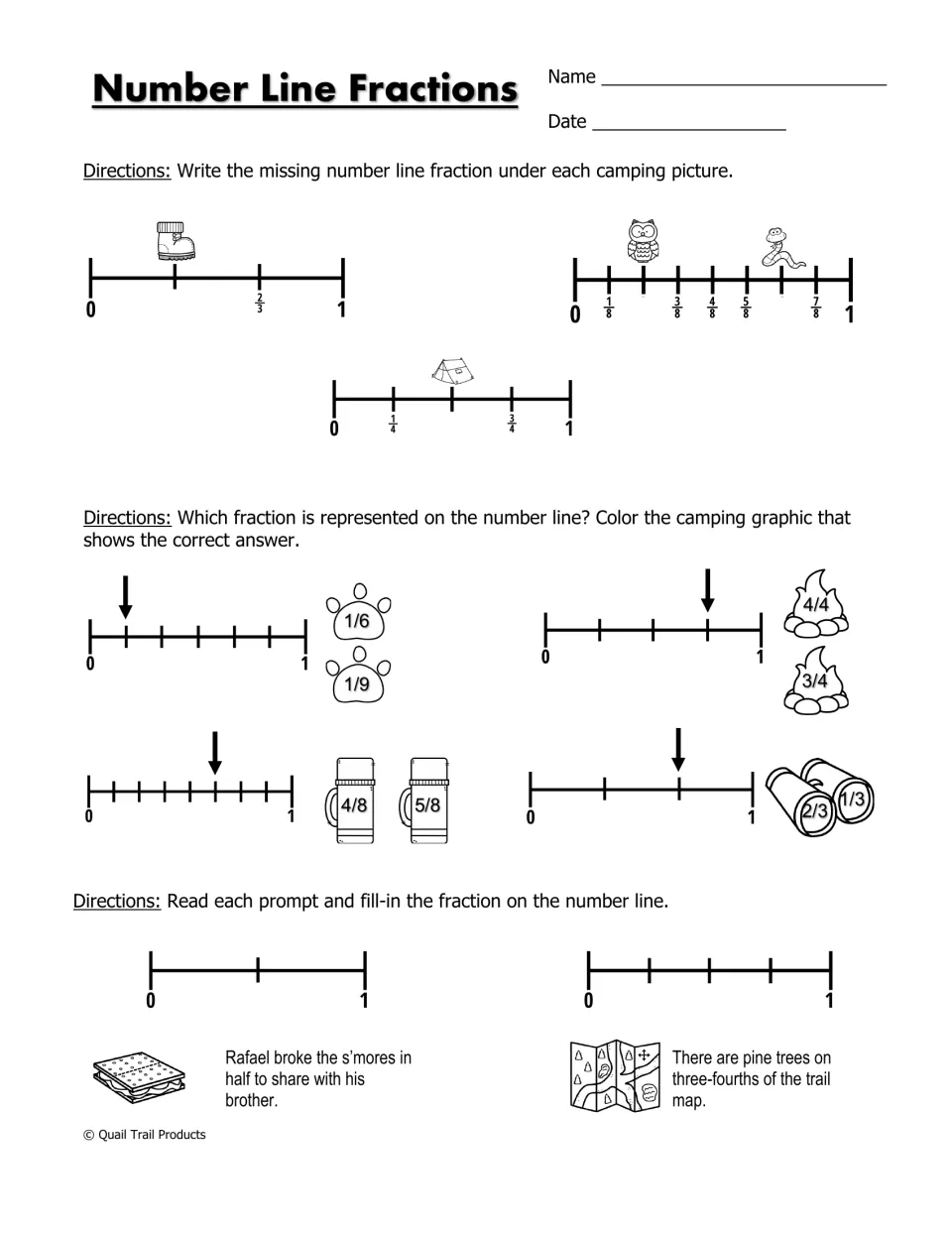 Number Line Fractions worksheet asking students to label missing fractions and locate one-half and three-fourths