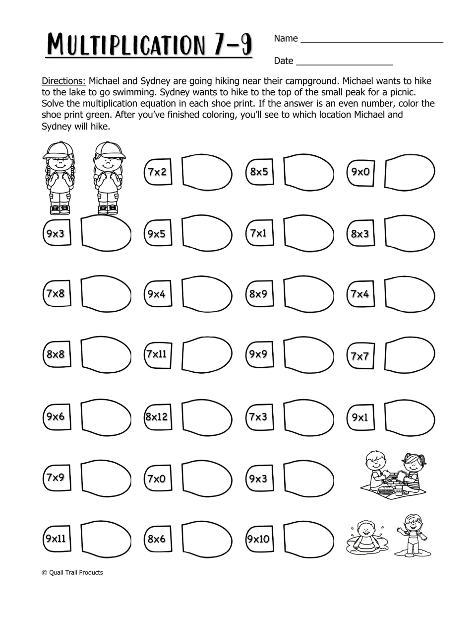 Multiplication 7–9 worksheet asking students to solve shoe-print equations and color even products green