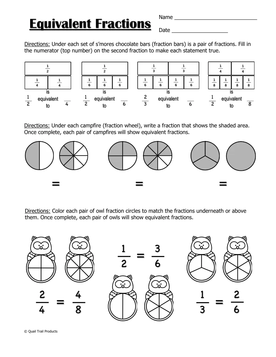 Equivalent Fractions worksheet using chocolate fraction bars, shaded circles, and owl models to match fractions