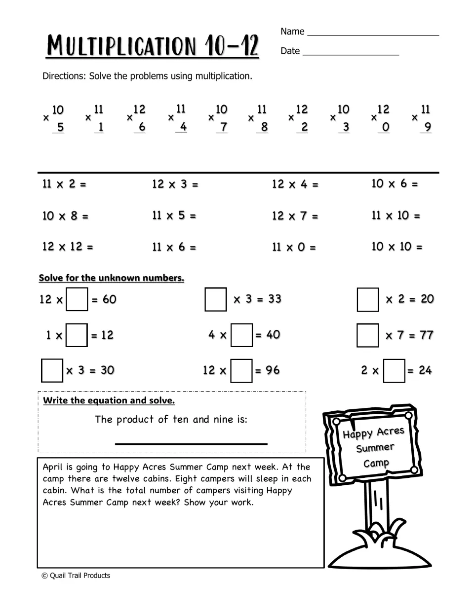 Multiplication 10–12 worksheet with facts, missing factors, and a word problem about eight campers in each cabin