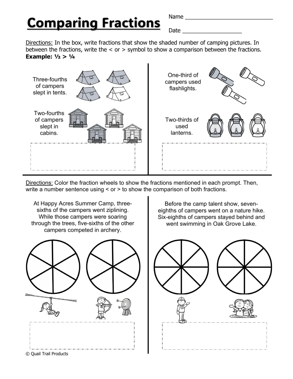 Comparing Fractions worksheet using shaded camping pictures and fraction wheels to write comparisons with < or >