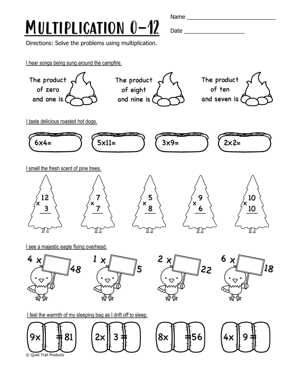 Multiplication 0–12 review worksheet with products in words, multiplication equations, and missing factors