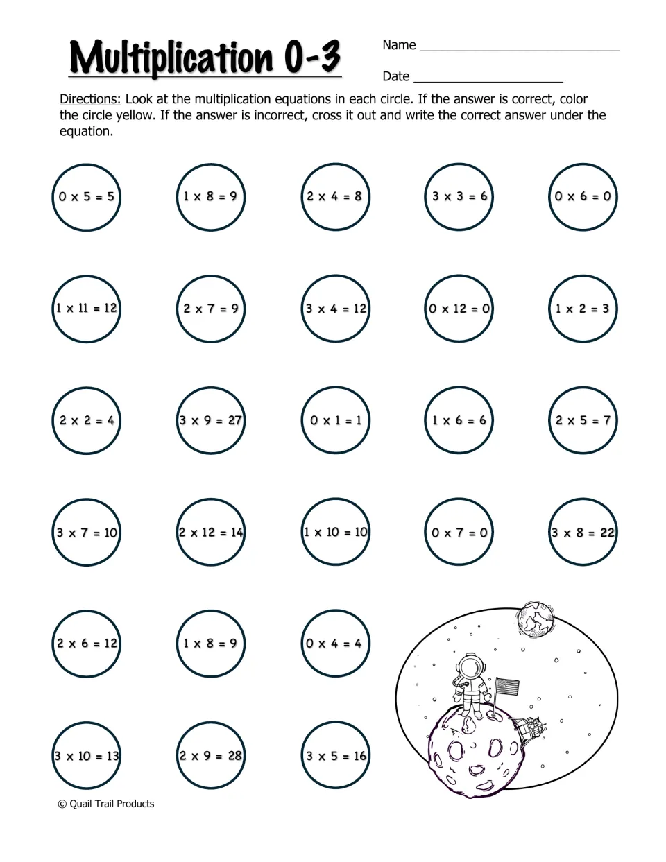 Multiplication 0-3: students check facts in circles, color correct ones yellow and cross out and fix wrong products