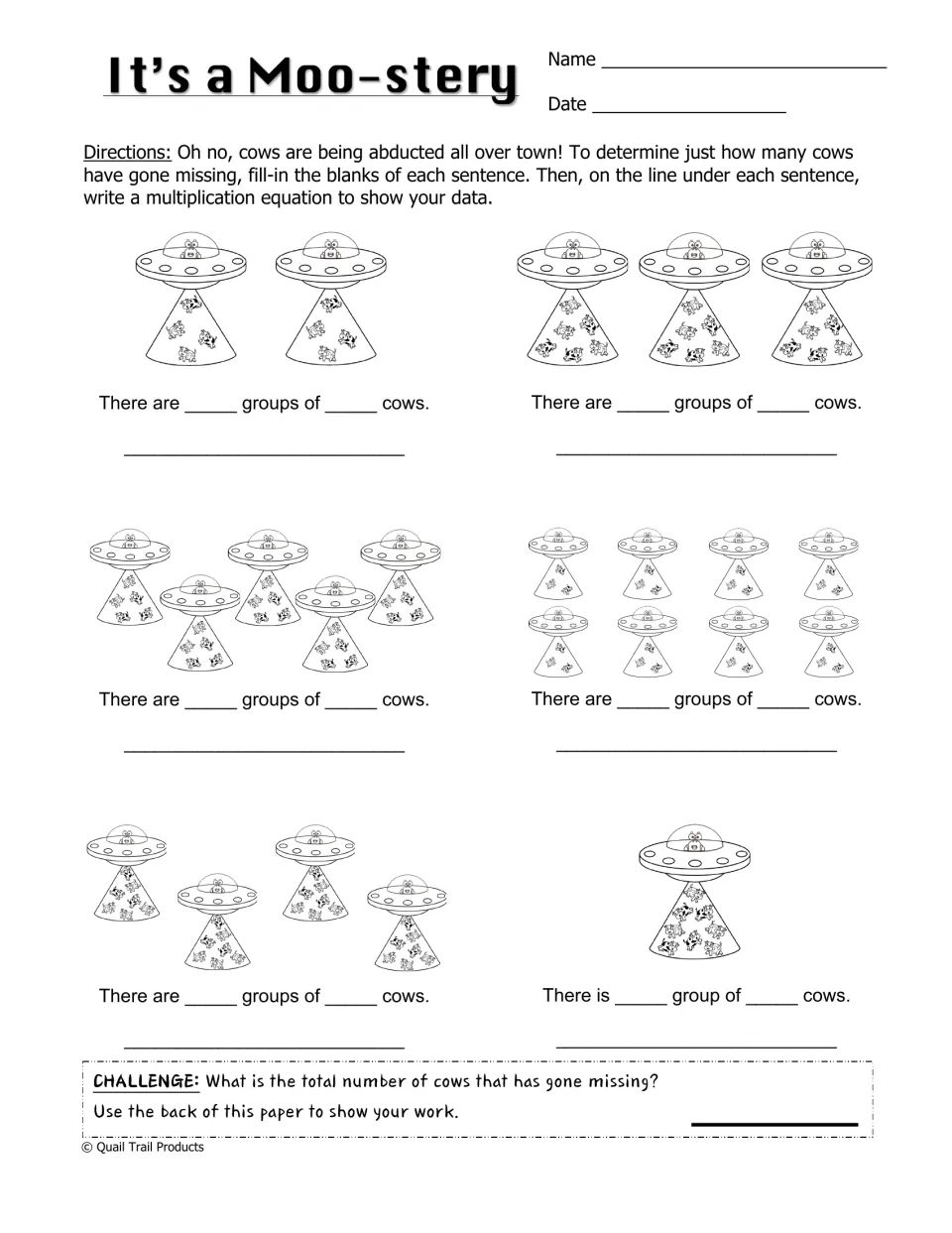 It's a Moo-stery: students count UFO groups of abducted cows, fill in the sentences and write multiplication equations