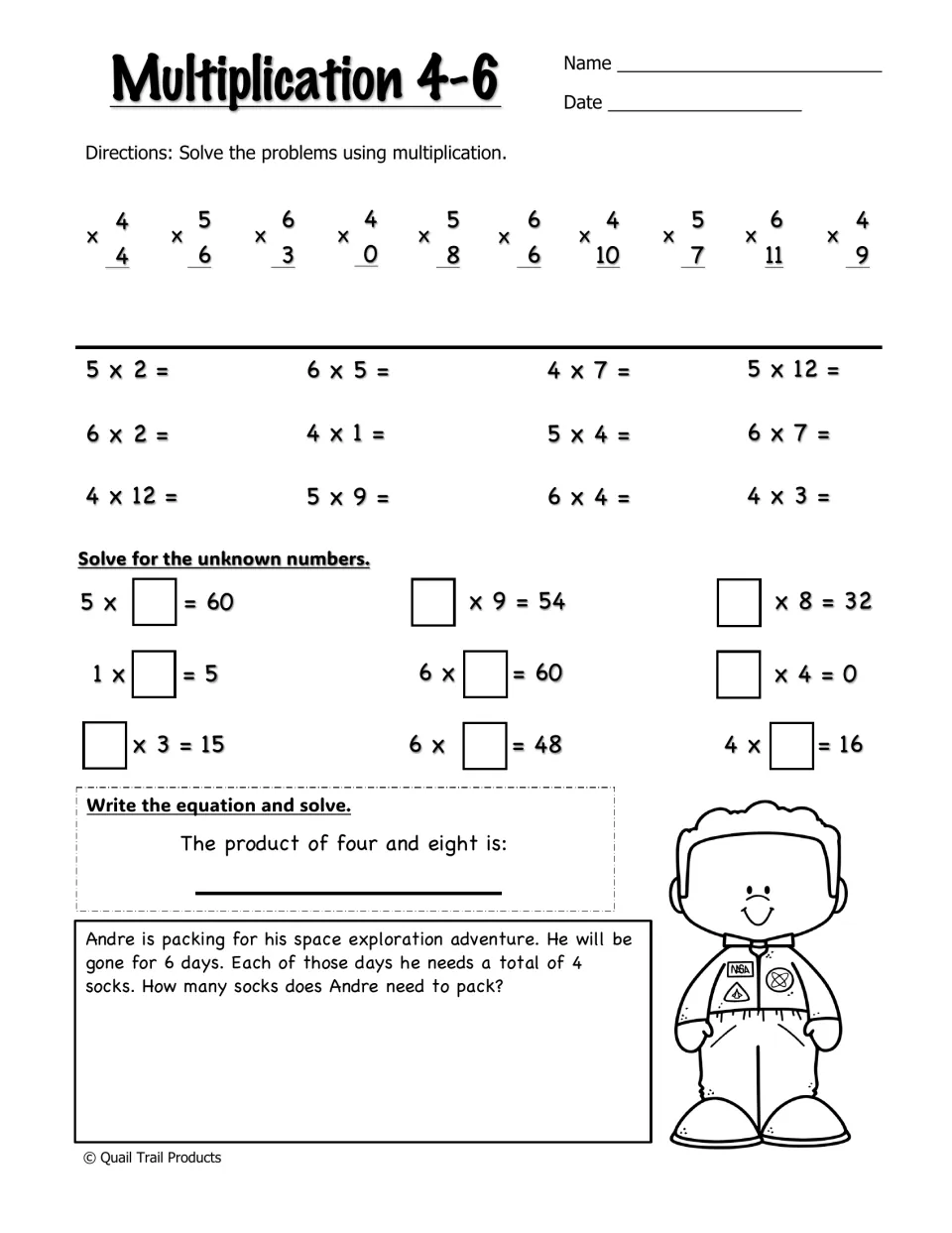 Multiplication 4-6: students solve vertical and horizontal facts, find unknown factors and solve a sock word problem