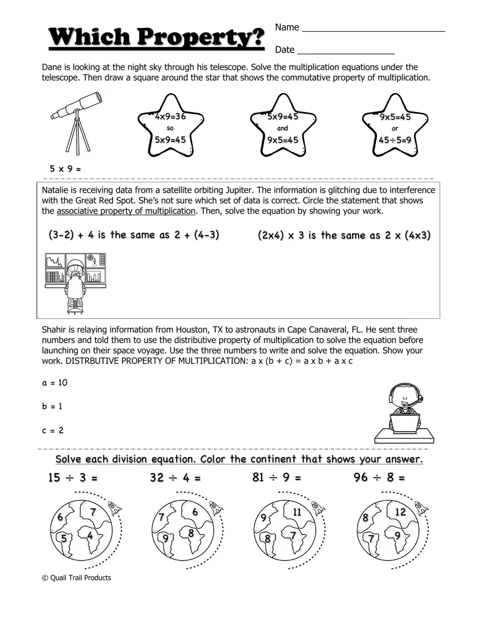 Which Property?: students spot commutative and associative examples, use the distributive property and divide