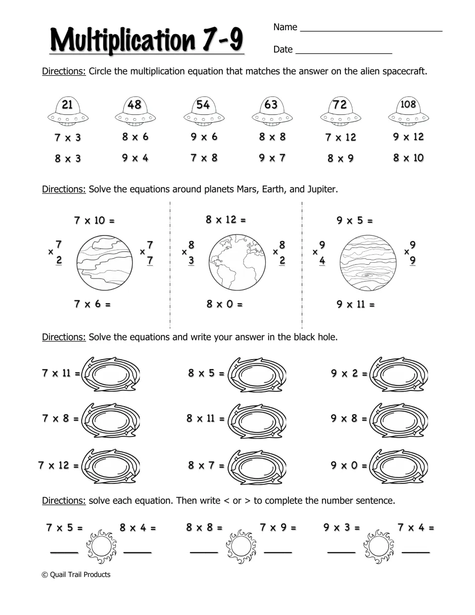 Multiplication 7-9: students match facts to UFO products, solve facts around planets and compare products using < or >