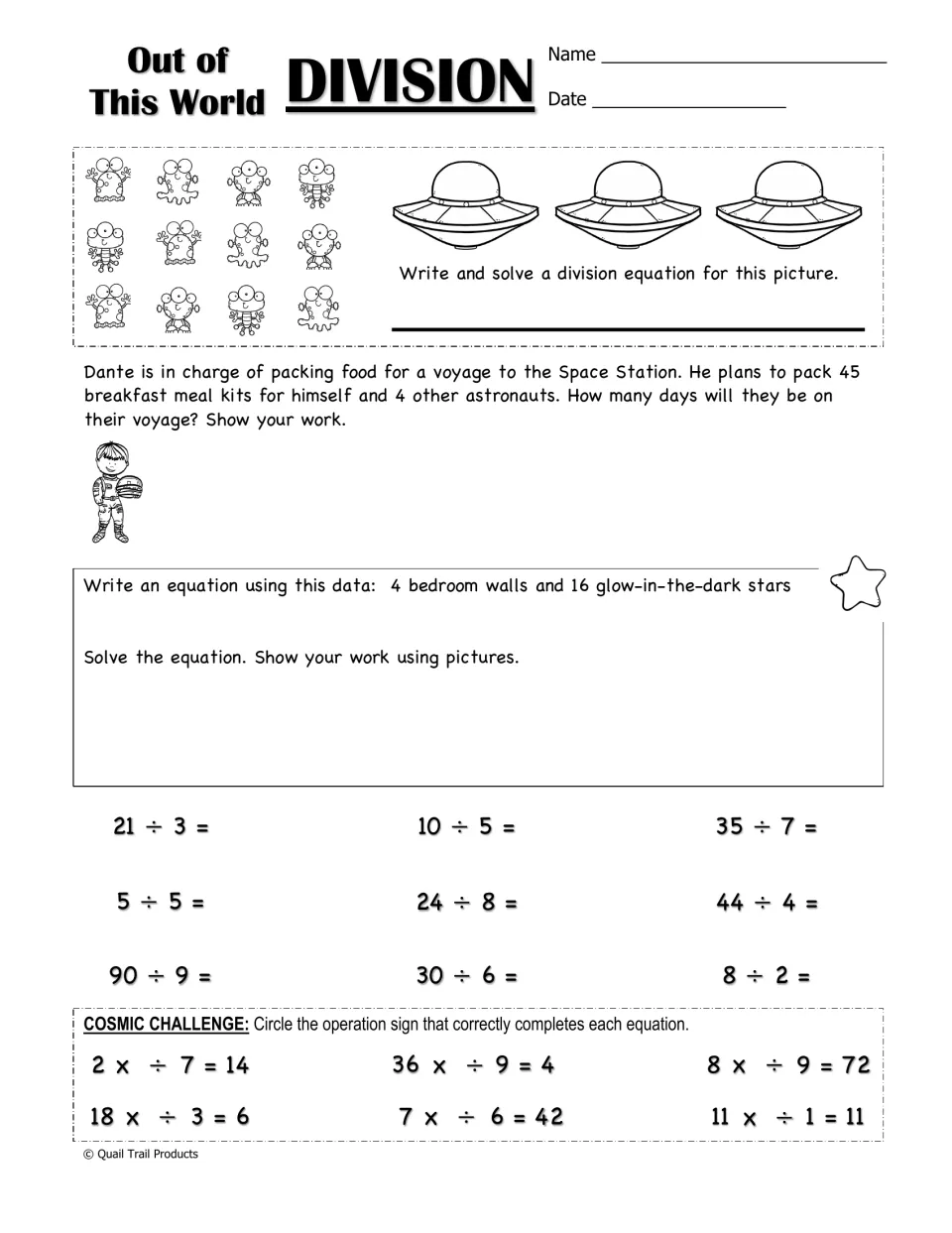 Out of This World Division: students write equations for pictures and stories, solve facts and choose x or ÷