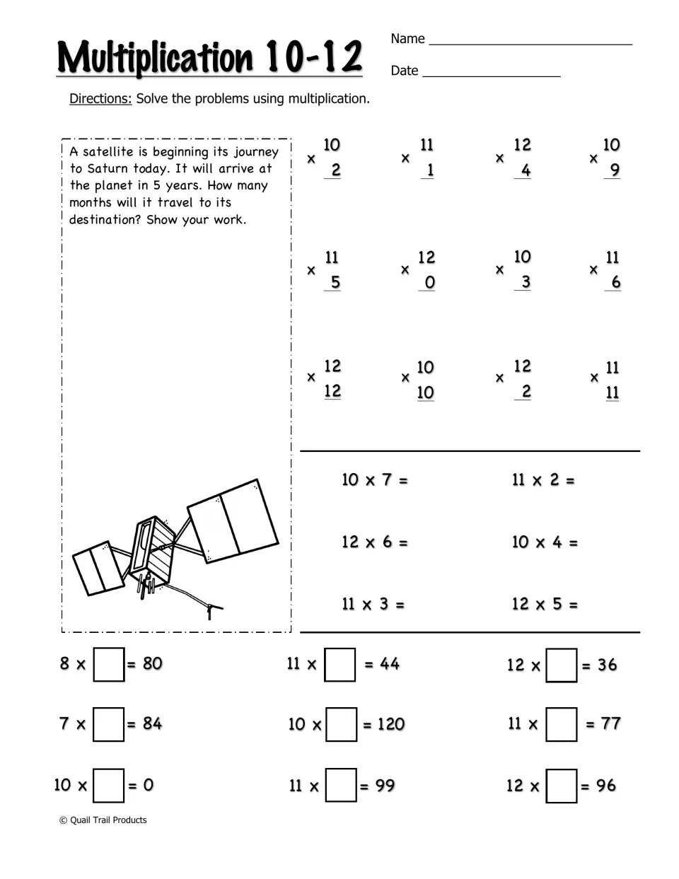 Multiplication 10-12: students solve facts, find missing factors and work out a satellite's travel time in months