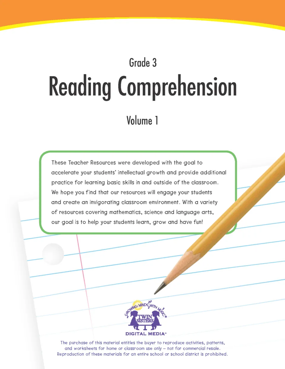 Grade 3 Reading Comprehension Volume 1 cover from Twin Sisters Digital Media, with a pencil and a welcome note for teachers