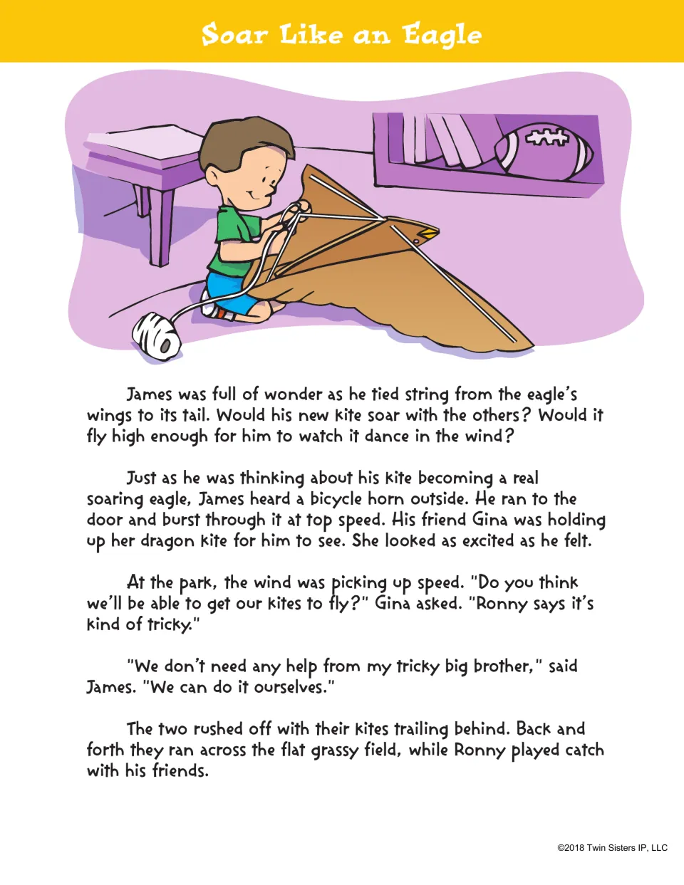 Soar Like an Eagle story, part 1: James ties string to his eagle kite, then heads to the park with Gina and her dragon kite