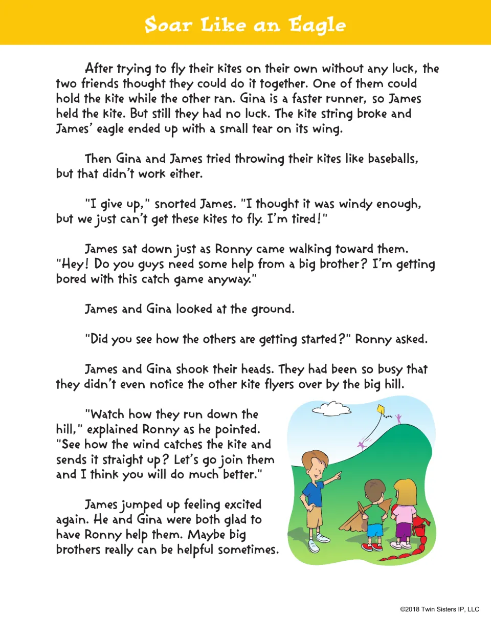 Soar Like an Eagle story, part 2: the kite string breaks, James gives up, and big brother Ronny shows them the hill