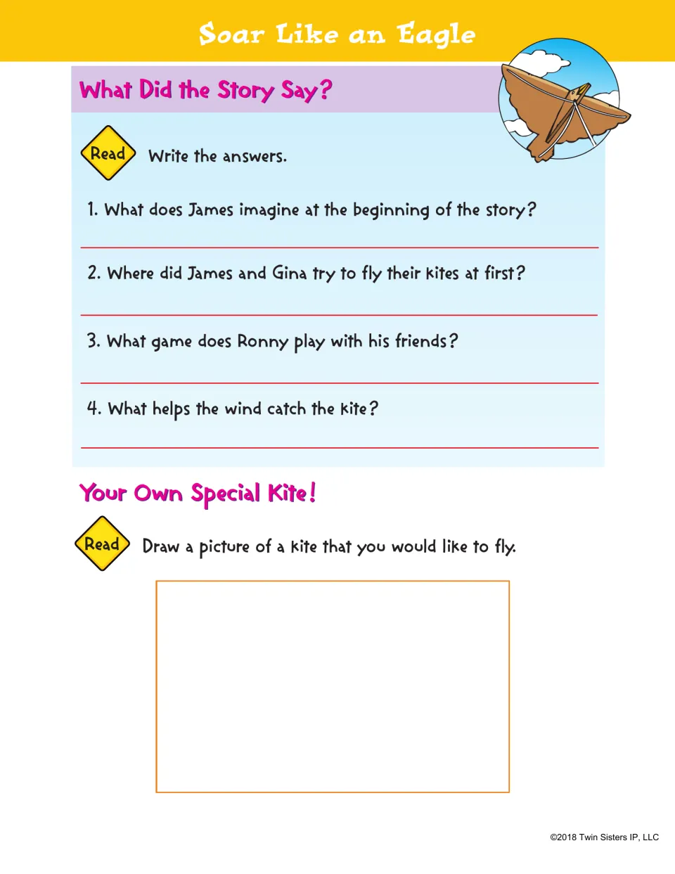 Story questions for Soar Like an Eagle: students write answers to 4 recall questions, then draw a kite they would like to fly