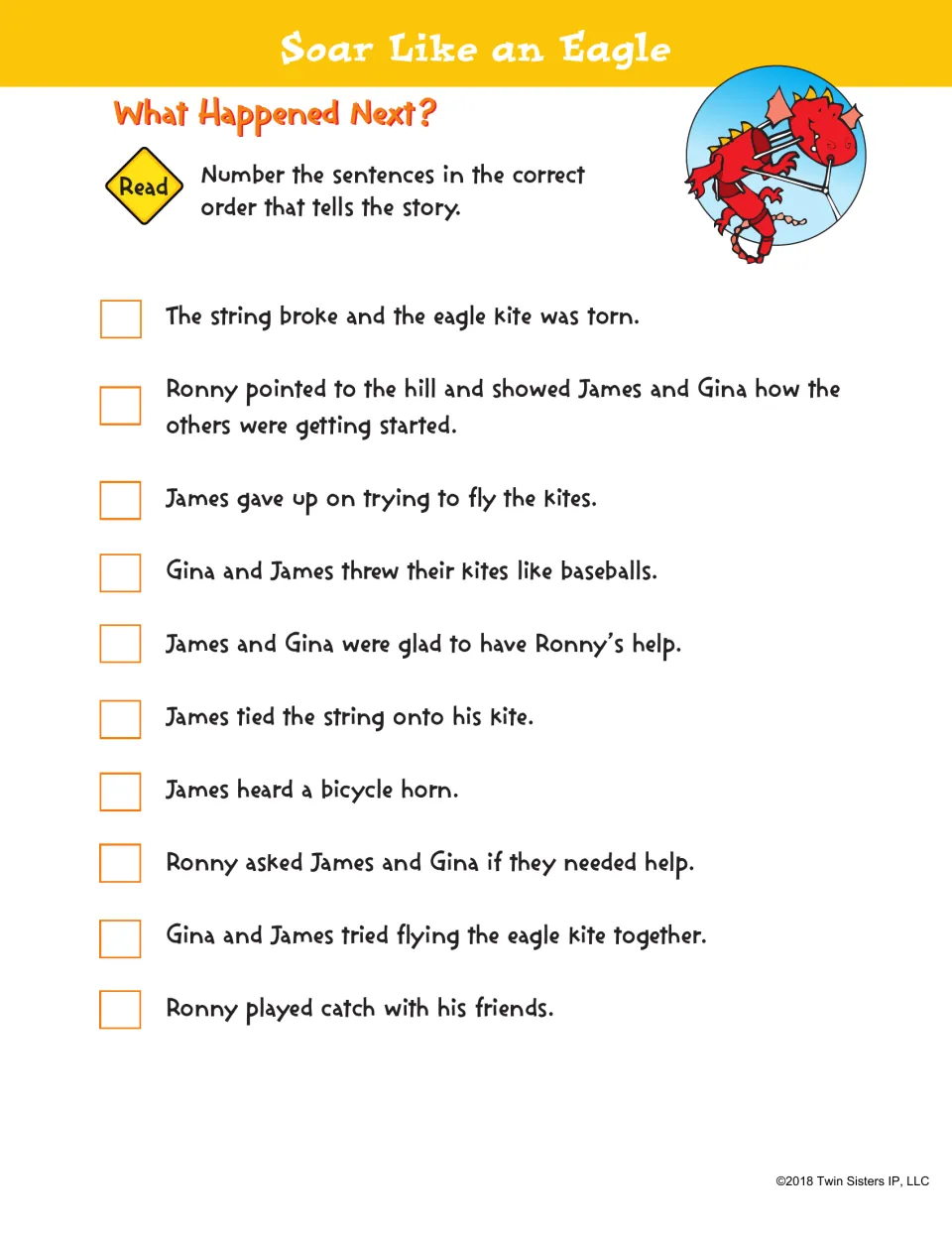Sequencing Soar Like an Eagle: students number 10 story events, from James tying the kite string to Ronny's help, in order