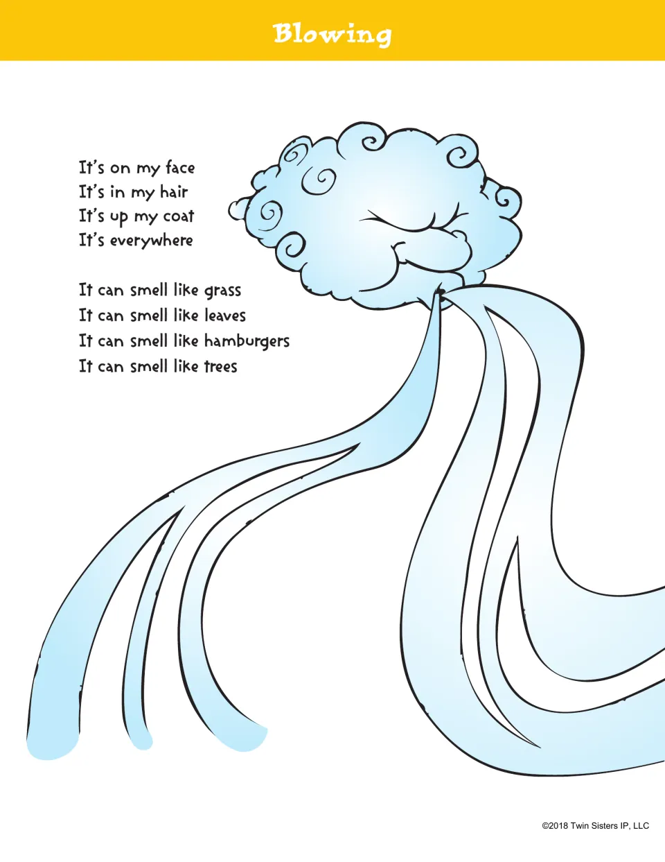 Blowing poem, part 1: rhyming lines about wind on your face and in your hair, smelling like grass, leaves and hamburgers