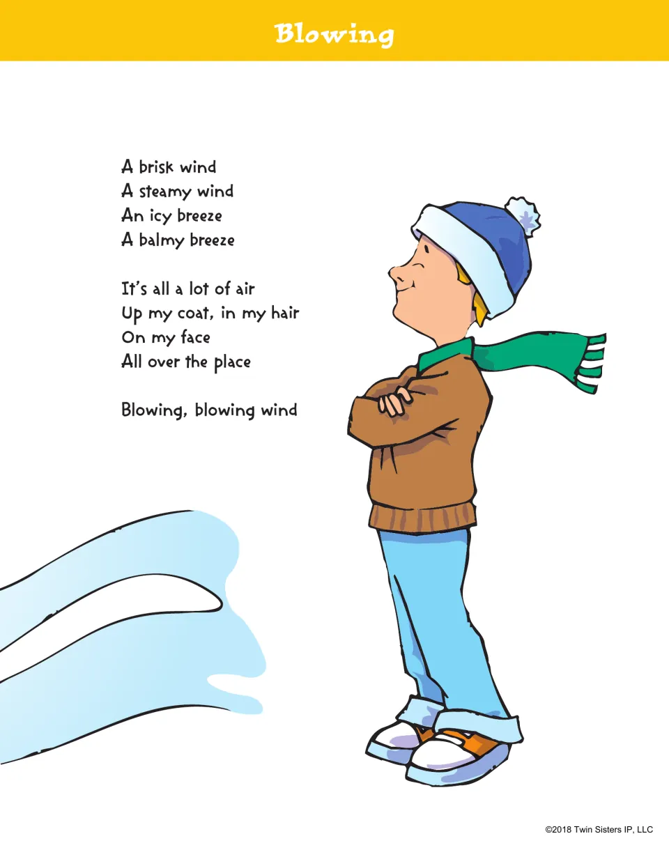 Blowing poem, part 2: a brisk, steamy, icy and balmy wind, shown with a boy in a hat and scarf standing in the breeze