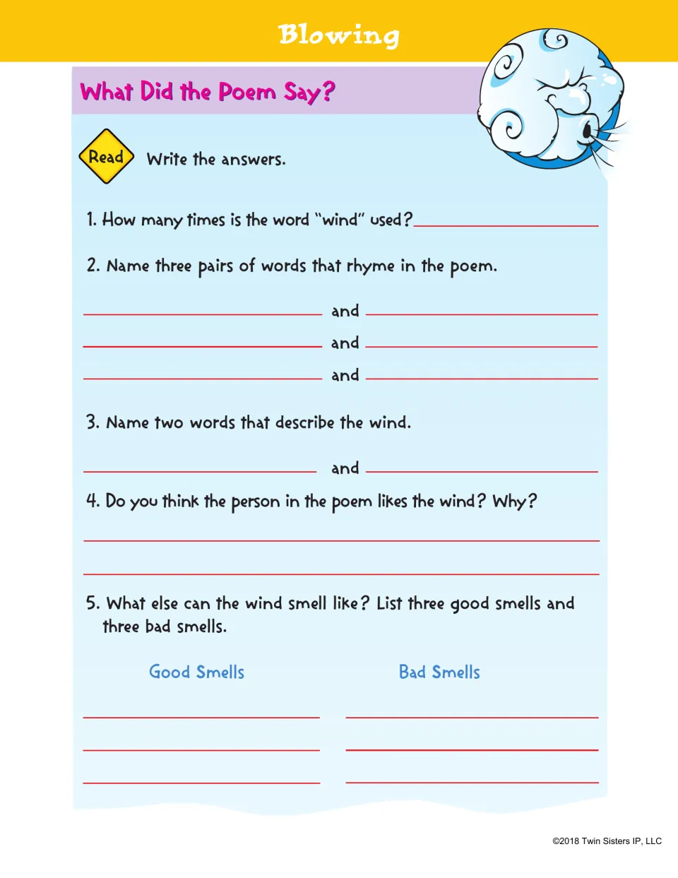 Poem questions for Blowing: students count uses of wind, find rhyming pairs and wind describers, and list good and bad smells