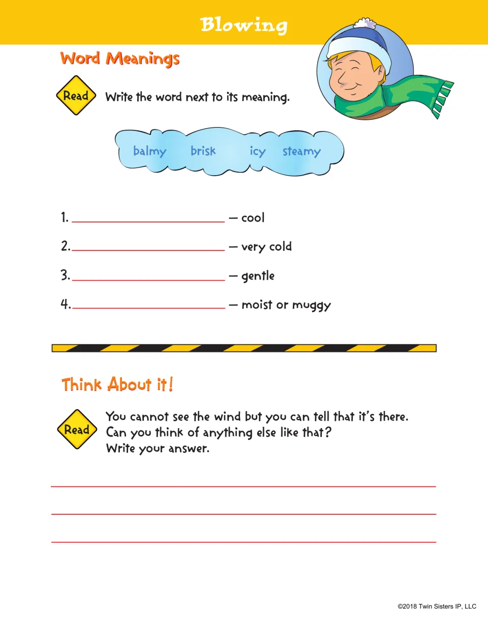 Vocabulary from Blowing: students match balmy, brisk, icy and steamy to meanings, then name other unseen things like wind