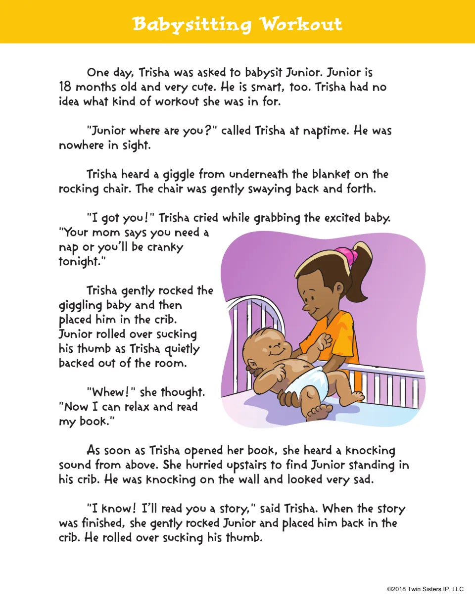 Babysitting Workout story: Trisha tries to get 18-month-old Junior to nap, rocking him and reading him a story in his crib